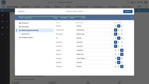 Bildschirmansicht eines Konfigurationsfensters in einem CRM- oder Angebotsmanagement-System. Es werden verschiedene Spalten unter „Beschreibung & Ausführung“ mit zugehörigen Ausprägungen aufgelistet. Optionen können per Plus- oder Papierkorb-Symbol hinzugefügt oder gelöscht werden.