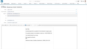 E-Mail-Ansicht innerhalb eines CRM-Systems mit geöffnetem Nachrichtenentwurf. Die E-Mail enthält einen Betreff, Empfängeradresse und eine Nachricht mit Anhang, in der ein Angebot zur Einführung von