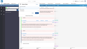 Benutzeroberfläche eines Angebotskonfigurators mit geöffnetem Filterfenster „Product Filters“. Im Hauptbereich sind verschiedene Produkte mit Attributen wie Name, Beschreibung, Status und Preis gelistet. Links ist eine Navigationsleiste sichtbar.