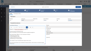 Bildschirmansicht eines Angebotskonfigurators mit aktiver Produktbearbeitung. Es werden Preisdetails wie Listenpreis, Rabatt, Lizenzanzahl und Gesamtsumme angezeigt. Im unteren Bereich befindet sich ein Editorfenster mit formatiertem Text zur Produktbeschreibung.-04-1805