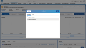 Bildschirmansicht eines CRM-Systems (vermutlich Salesforce) mit geöffneter Maske zum Erstellen eines neuen Angebots. Der Benutzer kann aus verschiedenen Angebotsvorlagen wählen. Im Hintergrund ist ein Kundendatensatz sichtbar.