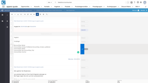 Benutzeroberfläche eines Angebotskonfigurators mit eingebettetem Texteditor. Links sind Angebotsdetails und Beschreibungstexte sichtbar, während rechts Schaltflächen und Eingabefelder für Produktauswahl oder Optionen dargestellt sind. Ein vertikaler Fortschrittsbalken oder Slider ist mittig hervorgehoben.